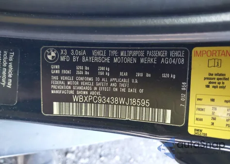 2008 BMW X3 3.0Si z USA, uszkodzony, nr VIN WBXPC93438WJ18595